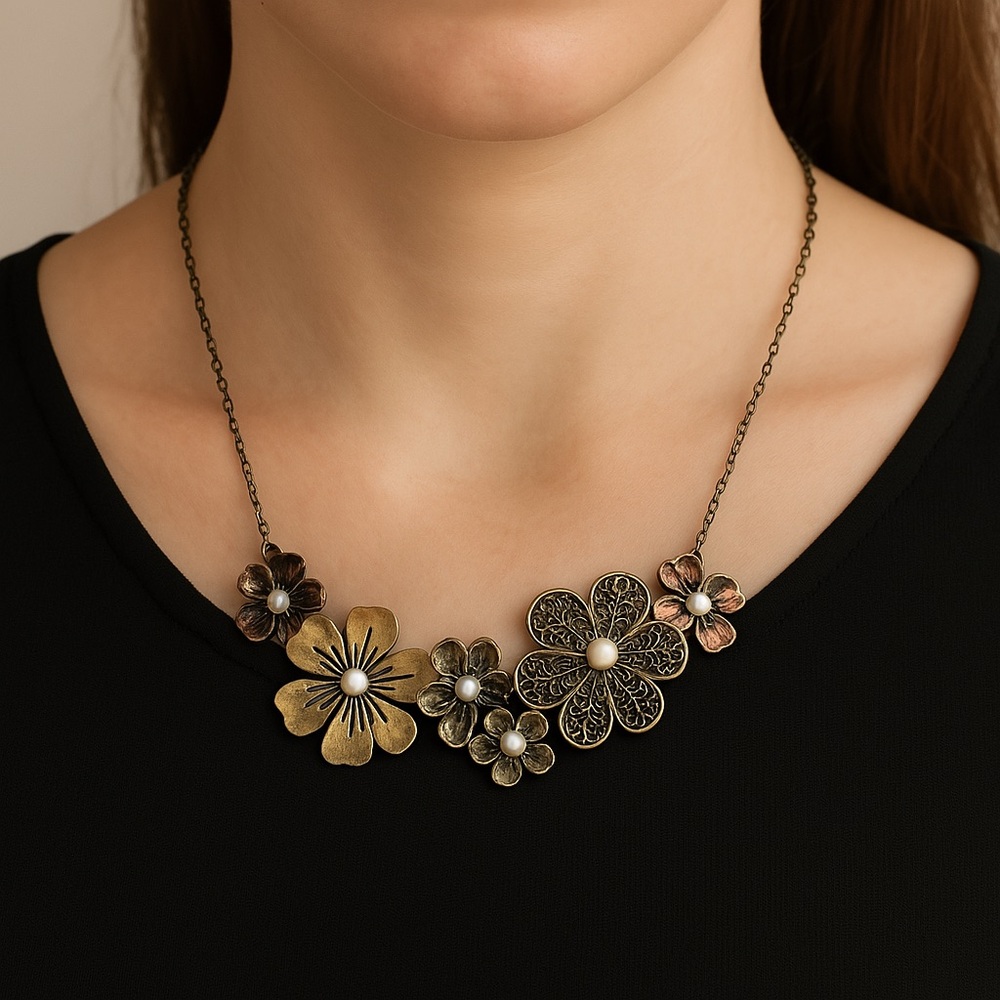 Floral Necklace Mixed Metal Crystal Pearl Filigree 17” antique style